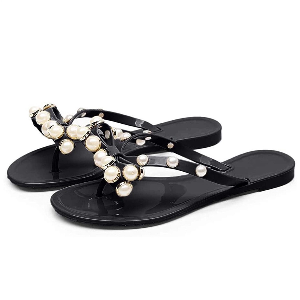 Faux Pearl Bow Flip Flops